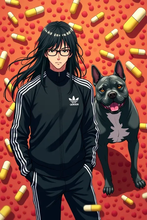 Styl anime,  man long black hair ,black lenses ,  on the nose glasses , black adidas white striped tracksuit ,obok stoi pies american bully szaro czarny,Tlo pills yellow red,