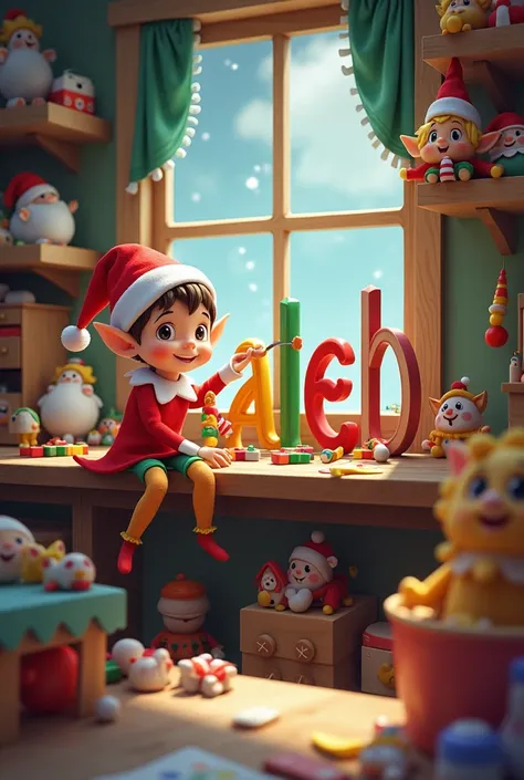 Draw the elf on the shelf in santas toy workshop drawing the name “kaleb” out of various toys 