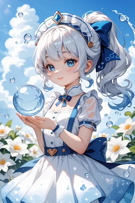 White Hair Transparent Shine  （ Ponytail ：1.5） （HEADDRESS WHITE FLOWERS：1.3）  Eyes Ice Blue White Wear Light Blue Short Sleeves Plus White Skirt Cute （loli：1.4）  Beautiful Flowing Toddler  （ Extremely Hazy Romantic Watercolor Painting ：1.4） （ Super Detail ...