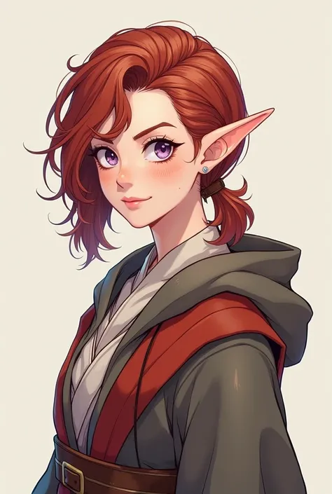 beautiful drawing, travelers robes, gender fluid androgynous half elf, lavender eyes smart, light hair below the shoulders combed back, soft features, fighter aesthetic, dark red hair, triangular face. straight nose, anime style, portrait, facing the camer...