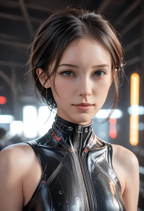 A cyberpunk android girl, petite and alluring, wearing a sexy bionic bodysuit, 1girl, hyper detailed cyborg, intricate mechanical body, shiny metallic skin, glowing circuitry, cybersteampunk aesthetic, dramatic lighting, cinematic composition, dark moody c...