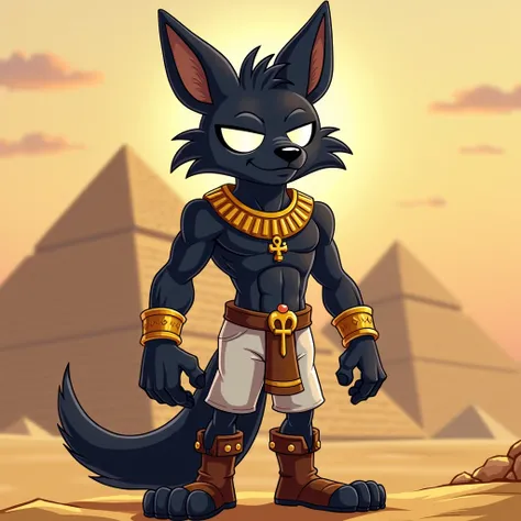  A black muscular jackal furry is a jock with white glowing eyes without pupils in gold bracelets, in brown boots, in white pants, wearing blue gloves with an ankh on his belt, he stands against the background of the Egyptian pyramids in cartoon style 