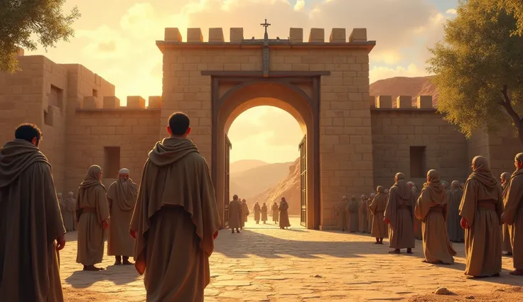 Boaz walking towards the town gate in ancient Bethlehem in the early morning. He is dressed in a simple, earth-toned robe, with a cloak draped over his shoulders. His expression is resolute and focused, reflecting his sense of duty and purpose. The town ga...