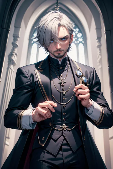 MALE, solo handsome male, fully clothed in priest attire, victorian priest, penis bulge, sharp masculine features, messy grey hair, bangs covering one eye, blue eyes, pale skin, bulge in crotch, dynamic pose, in a dark gothic room, low camera angle, seriou...