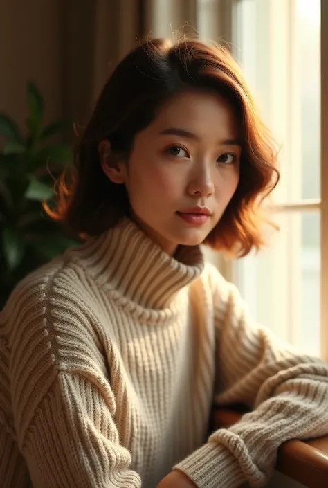  A 30-35 year old woman with clean skin and short brown hair,  wearing a cozy high-collar sweater , sits by the window, her face is clearly visible .