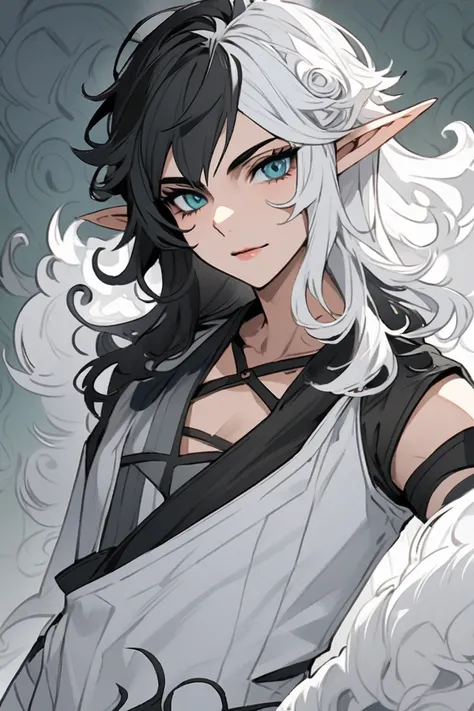 Create an adult elf with long , curly with a section of white hair on the front and the rest of the black hair