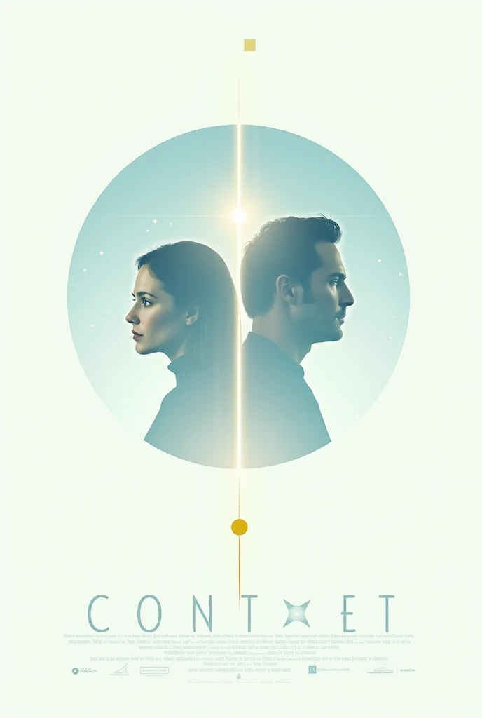   Make a poster for the movie Contact  . Minimalist, of design  . En tonos blancos, elegante. With light blue and yellow tones but also maintaining minimalism in color. Con elementos que conecten con el argumento de la pelicula protagonizada por jodie fost...