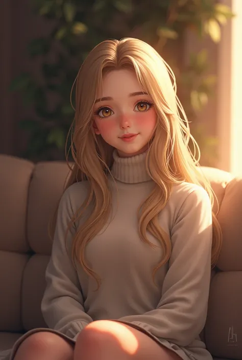  A girl with long blond hair, In a closed turtleneck, sitting on a sofa with soft lighting ,  smiling , emphasis on the face.