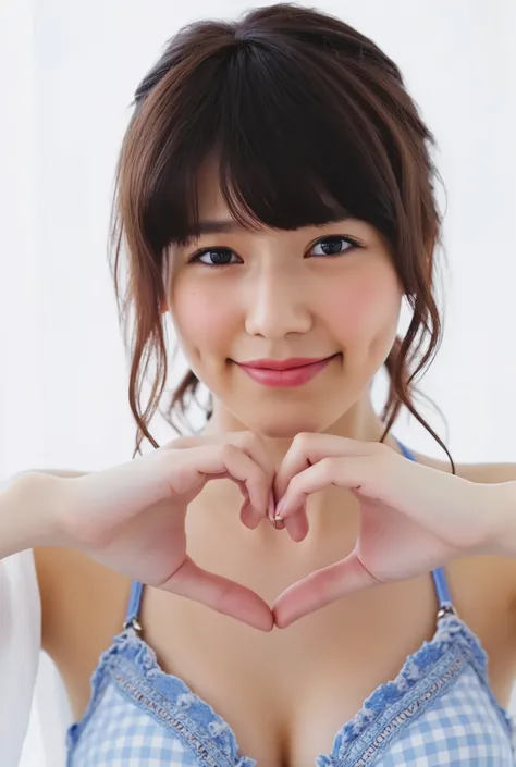 A smiling woman is posing alone wearing off-the-shoulder pajamas, making a firm big heart shape with both hands, and holding them in front of her chest, View above collarbone、The background is a monotone 、
