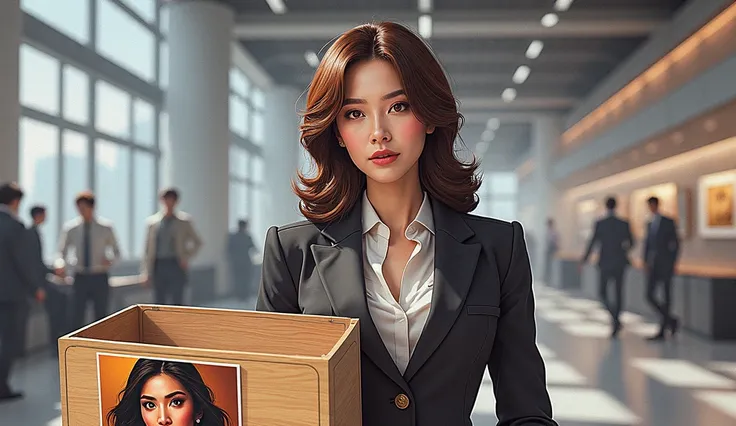 woman in a suit opening a box with a picture of a woman in a suit, a hyperrealistic painting by Ni Yuanlu, trending on cg society, photorealism, park shin hye as a super villain, photorealistic movie still, commercial illustration, promotional render, real...