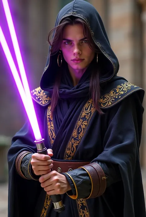 Young Caucasian male Jedi Knight with long hair ,  wears a highly detailed hooded black cassock with yellow gold embroidery and a brown leather belt not too large with gold embroidery, On her ears she has ring earrings all in yellow gold,  Hold a purple do...