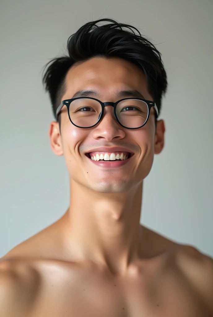  has small eyes, fair skin, very short hair, and glasses, A proper mix of body fat and muscle, A tall Asian man with a nude face and a big smile