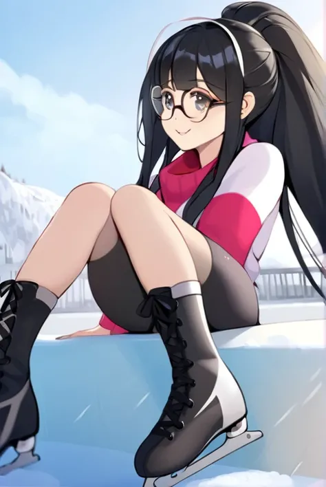 Black hair, long hair, glasses, skating rink, ice skating, girl skating