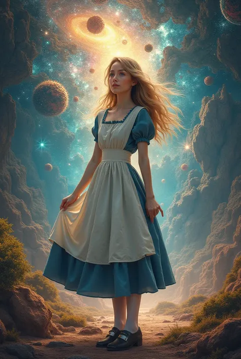 Create an image with the character Alice from the movie Alice from Wonderland in the rens version after her journey through the land of quantum, Where she found several fascinating characters ,  Alice felt a new understanding pulsating within her .  The le...