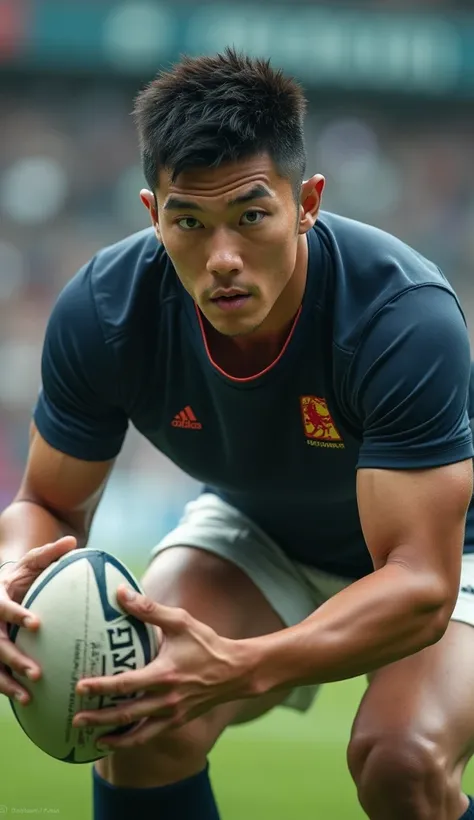  (photorealism:1.2), Handsome japanese man, 22-27 year-old, tight rugby jersey, playing rugby, in front of the camera