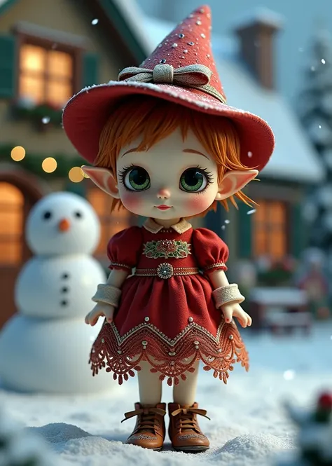  Baby chestnut wearing a witch hat 、Christmas Night、snowy landscape、 That girl has pixy-cut hair  ,  dark green eyes ,  She was wearing a deep red dress with lace  , patterns, beads,  high quality 3d rendering of a cute  puppet {x} shes wearing cream stock...