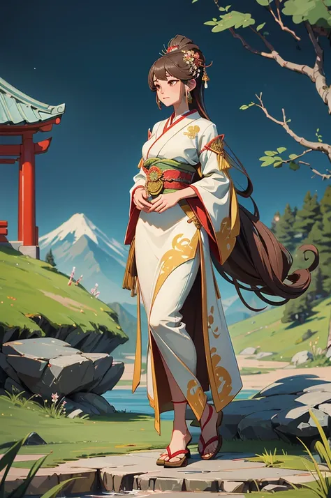 A full-body standing depiction of Kushinadahime, a character from Japanese mythology (nihonshinwa). She is a graceful magician with the power to control plants, portrayed as an elegant RPG game character. Inspired by her upbringing in the mountains, her de...