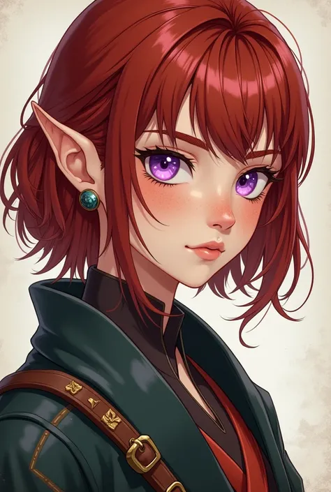 beautiful drawing, travelers robes, androgynous half elf, lavender eyes smart, dark red hair below the shoulders combed back, soft features, fighter aesthetic, straight nose, anime style, portrait, facing the camera, freckles, fluffy hair, handsome feature...