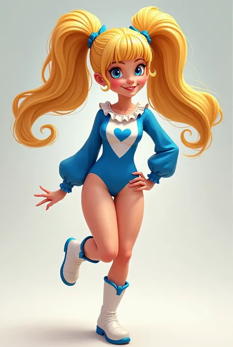 a woman with long blonde hair with bangs tied into two ponytails and blue eyes wearing a long-sleeved blue leotard, ruffles on the collar, white wrestling boots, and a white bodice with blue hearts on both breasts in disney style 