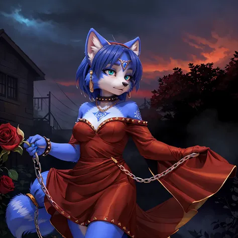 a picture of ((krystal)), Star Fox-Krystal, lovable, green eyes, ((( long blue hair 1 .3))), Decollete, anthro, Fuzzy,  detailed Fluffys fell,  detailed face , (Fluffy), Alone,    dark clothes 、dark good、dark skirt、 Best bust、Ravine、Luck、A slender、provocat...