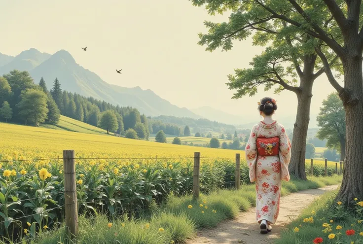  Suharira Shikura Shikatsu Ukiseki no Kitasai .  Very exquisite beautiful landscape painting . Beautiful rural landscape . A very beautiful and sexy geisha lady walking along a country path.  so many flowers .paddy, Two birds ，簽名Tony Ma