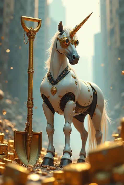 A unicorn in modern armor with binoque eyes driving a mechanical shovel surrounded by gold chests
