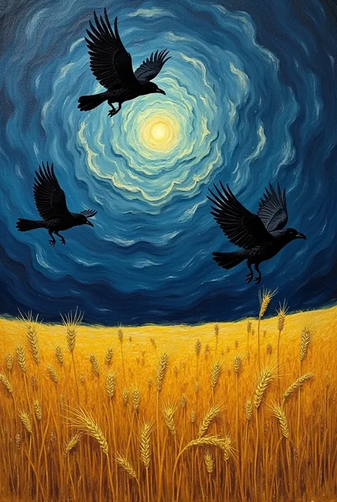 ** Prompt for the cover of the analysis of the work  *Wheat with crows *  by Vincent van Gogh :**  

 “Artistic and expressive cover design for an analysis of the work  *Wheat with crows *  by Vincent van Gogh .  The design should highlight the emotional i...