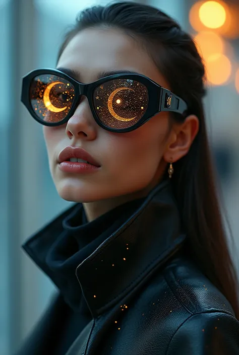 The model is wearing sunglasses with stars and the moon on the glass.