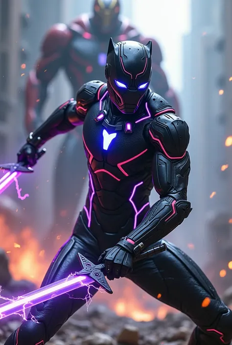  iron man suit with black panther colour wielding dual lightning katana and fight ultron