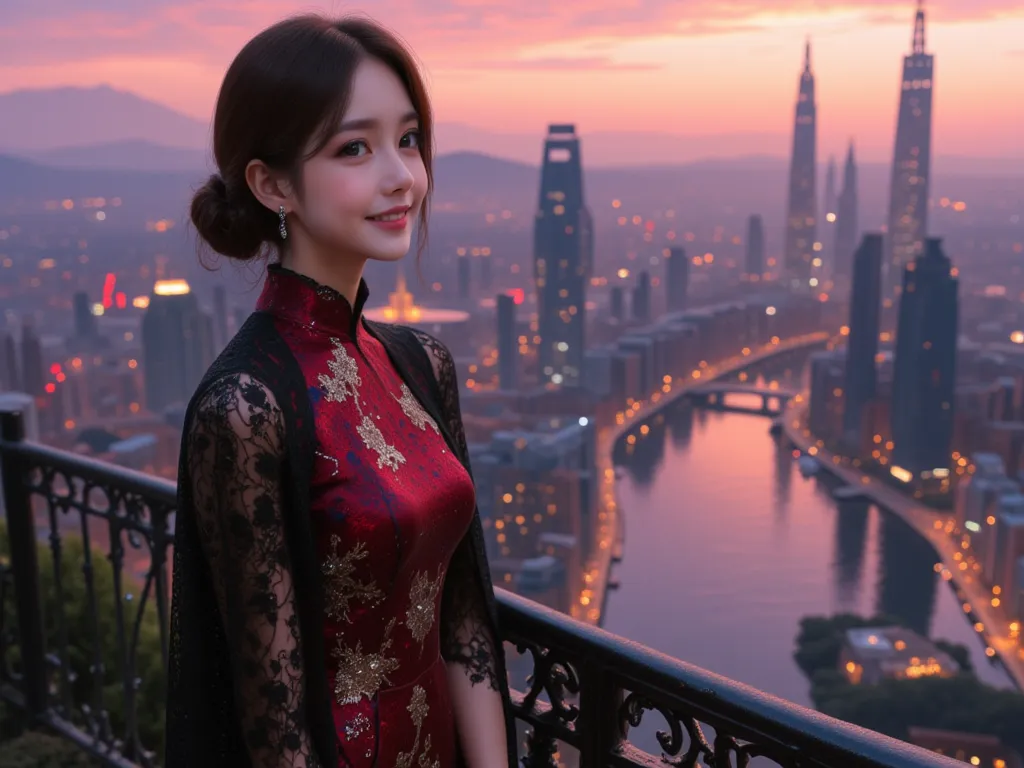 a close-up view of an east asian woman standing on a high terrace during sunset, smiling warmly with a satisfied expression. she...