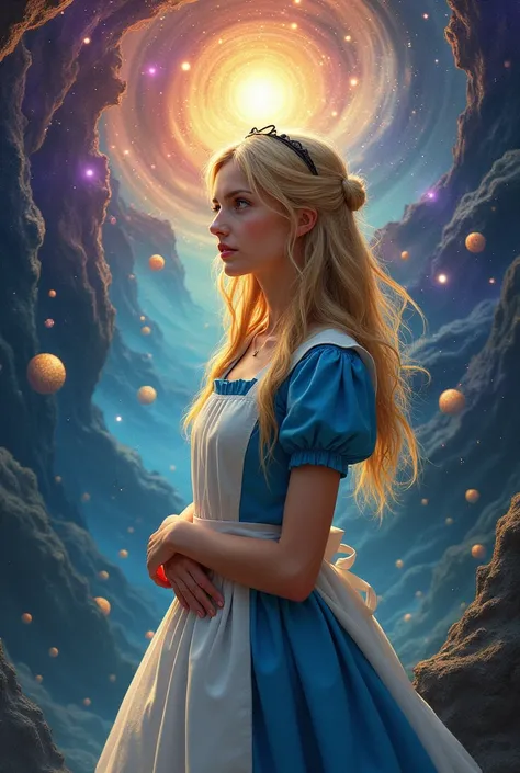 Create an image with the character Alice from the movie Alice from Wonderland after her journey through Quantum Country, Where she found several fascinating characters ,  Alice felt a new understanding pulsating within her .  The lessons she had learned ab...