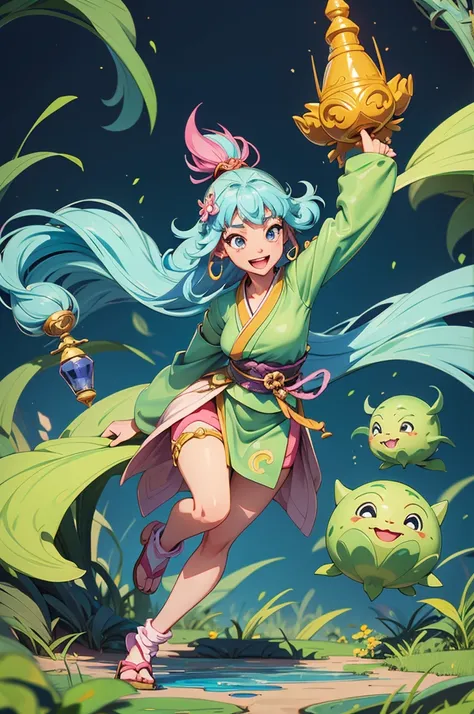 A full-body standing depiction of Kushinadahime, a playful and spirited princess from Japanese mythology (nihonshinwa). She is a mischievous magician with the power to control plants, portrayed as a lively RPG game character. Her design blends vibrant, col...