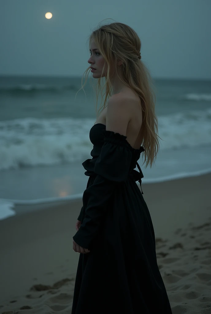 generate me a picture of a blonde young woman on a beach at night, and she is dressed black you can see her from behind. the picture is low quality 