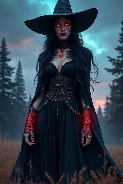 Long black hair, red eyes, laced chocker, medium breasts, red ruby pendant, glowing red eyes, red magic, messy hair, mature female, face tattoos, ((beautiful black eyeliner:1.2)), black witch hat, witch garments, beautiful superiority, ((glowing cuffs:1.2)...