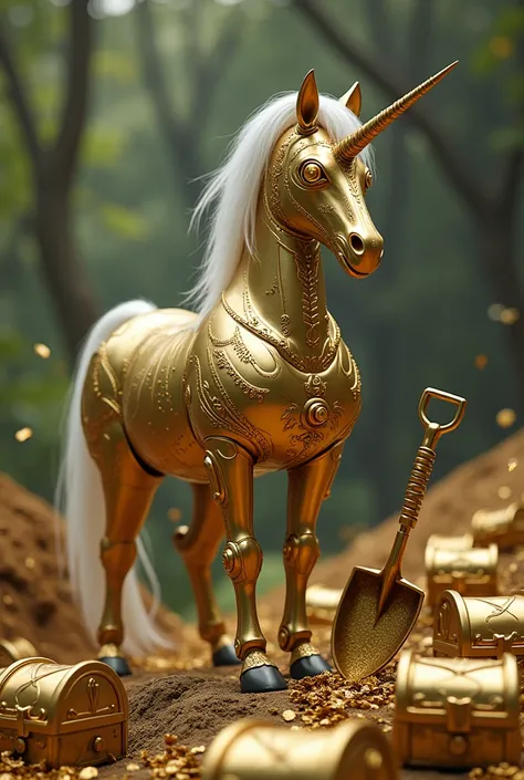 A unicorn in gold armor with bionic eyes who drives a mechanical shovel surrounded by gold chests
