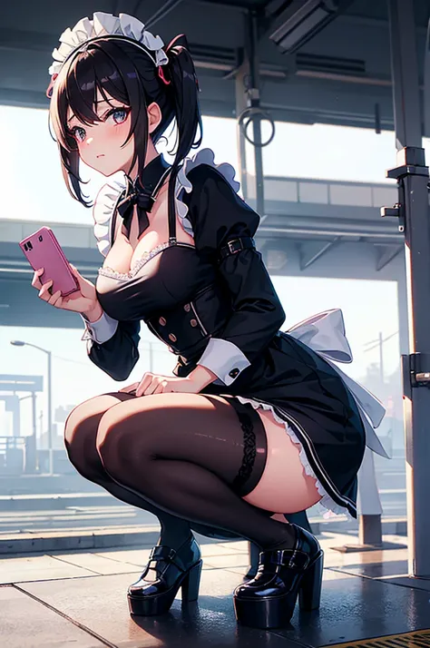 a cute femboy , sexy femboy, trap , short twintail hair , wearing a japan maid dress , black stocking , sexy c cup breasts , blackeye , eye makeup , squat on platform in railway station at afternoon time.