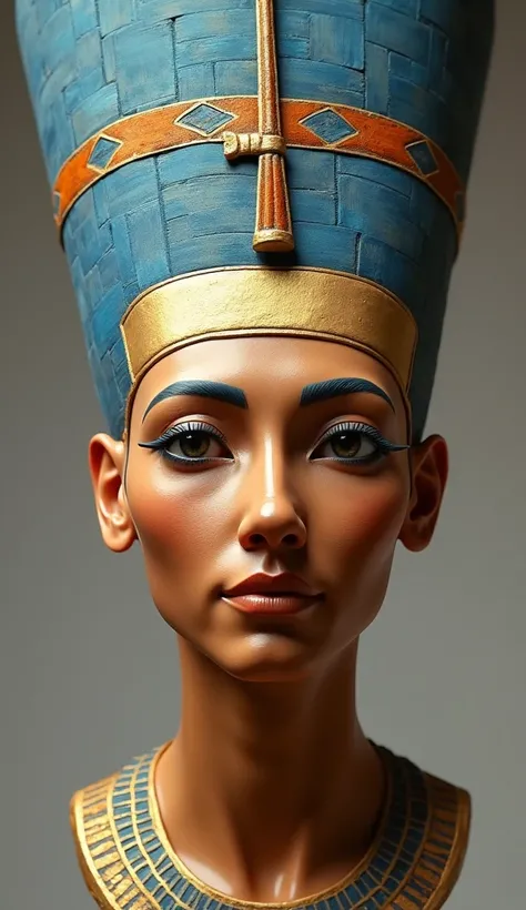 
The Famous Bust
A close-up recreation of Nefertiti’s iconic bust, highlighting her intricate crown, flawless features, and vivid colors that symbolize her legacy of beauty.