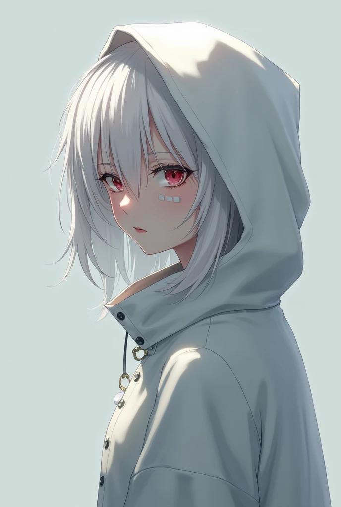 MC from the horror otome-romance game Homicipher. She has white hair, eyelashes and eyebrows, red eyes and wearing long white rain coat with hood. Her forehead and one eye are covered with white bandages, but her another eye and mouth are still visible. Sh...