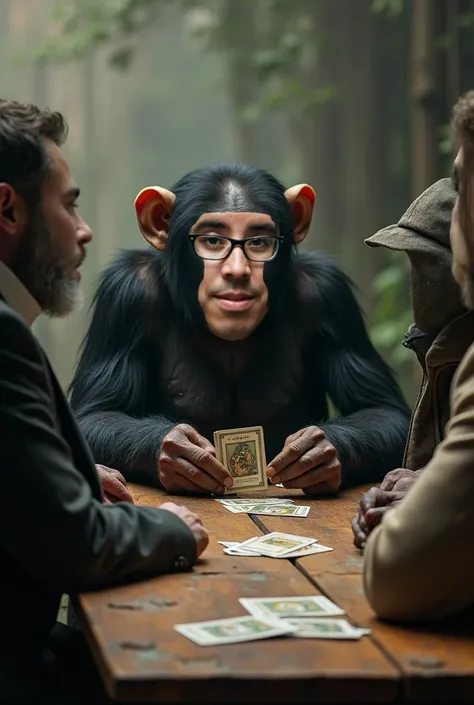 A chimpanzee with the face of the reference character playing cards from the game Magic the Gathering sitting politely at a table with 3 other people.