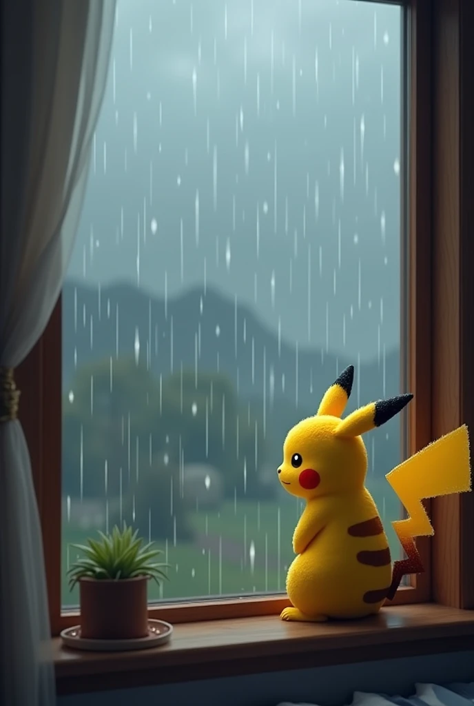 Cloudy day with soft rain. Window view, pikachu