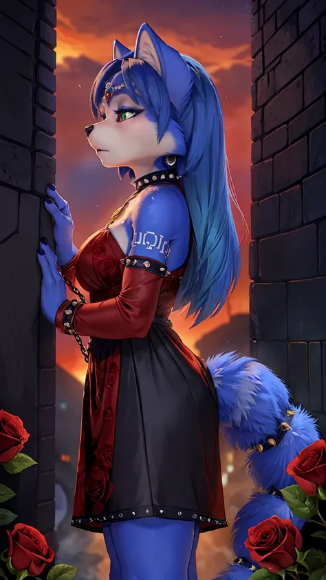 a picture of ((krystal)), Star Fox-Krystal, lovable, green eyes, ((( long blue hair 1 .3))), Decollete, anthro, Fuzzy,  detailed Fluffys fell,  detailed face , (Fluffy), Alone,    dark clothes 、dark good、dark skirt、 Best bust、Ravine、Luck、A slender、provocat...