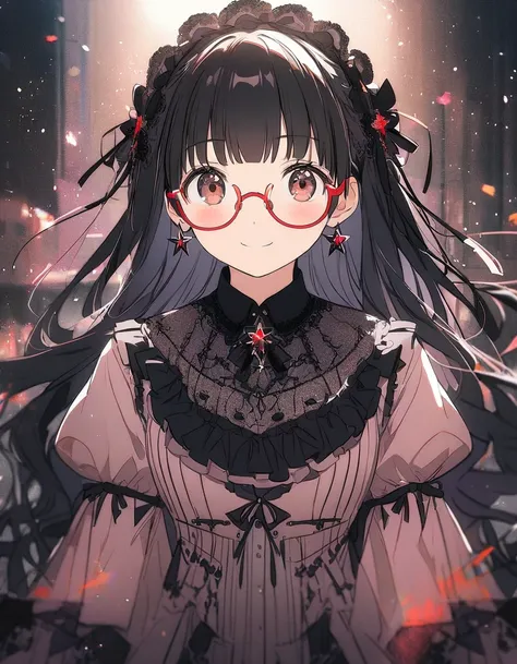 1girl, , brown eyes are shining and cute, black hair, long hair, extremely detailed neat hair,Straight hair, tareme, ((red-rimless eyewear:1.2)), star earrings, medium breasts, smile, blushful,
BREAK
She wears a gorgeous Lolita-style dress in deep black an...