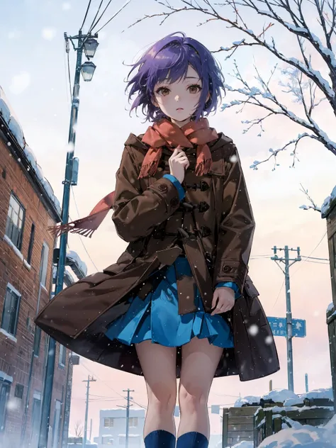 (masterpiece),( best quality), Yuki,  brown coat,  scarf, kneehighs, Blank Eyes, Expressionless face, Park,  , snow, snowing, tree, nature, 