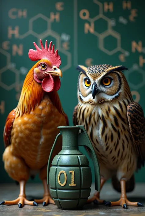 A chicken and an owl stand side by side
hand grenade with number 01 ratio 16:9 backgrounds with chemical symbols 