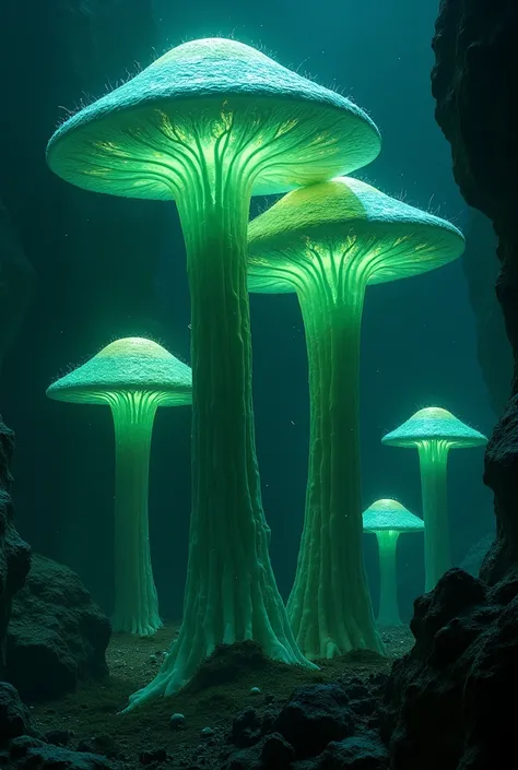 Underwater big green glowing alien mushrooms, pitch black