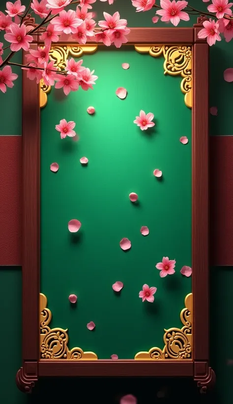 Direct top view of A digital Mahjong rectangular shape table with a green felt surface featuring animated sakura petals gently falling, bordered by dark wood edges with glowing gold wave motifs, designed for mobile screens. show close view of table surface...