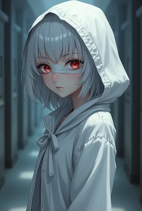 MC from the horror otome-romance game Homicipher. She has white hair, eyelashes and eyebrows, red eyes and wearing long white rain coat with hood. Her forehead and one eye are covered with white bandages. She standing with a half turned body and looking to...