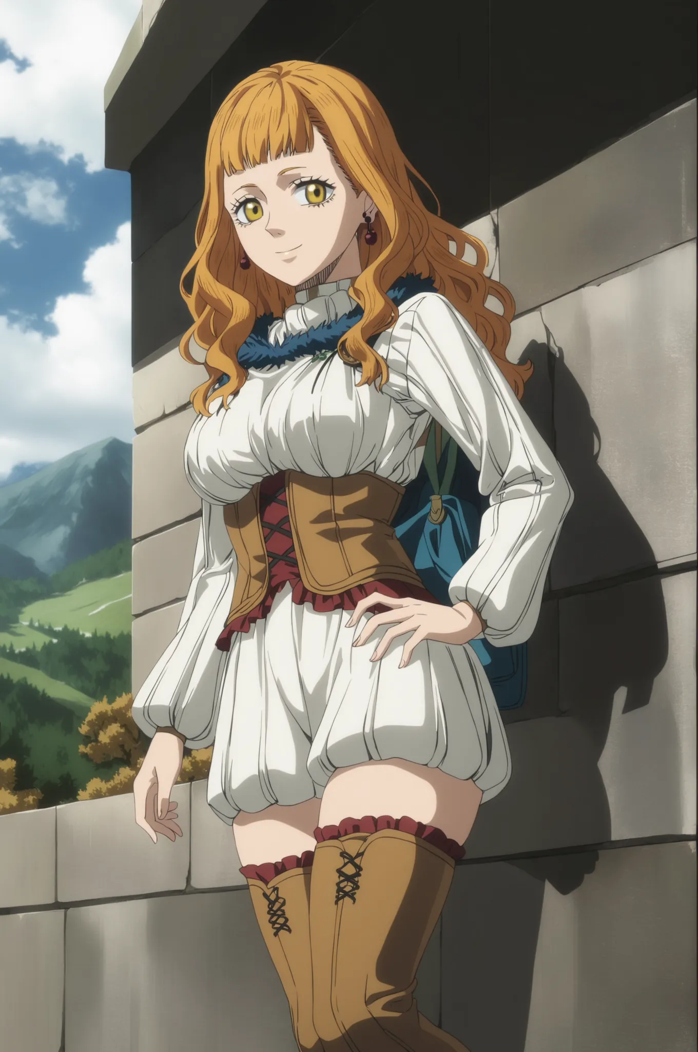 score_9, score_8_up, score_7_up, (black clover style, mimosa_vermillion), (1girl, solo), (orange hair, wave long hair), earrings...