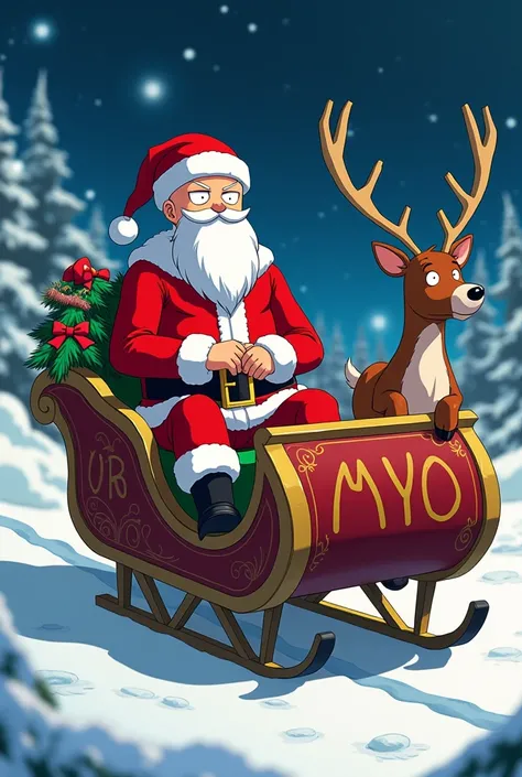  manga Saitama from One-Punch Man is dressed as Santa and rides a sleigh drawn by a reindeer。The letters Myo are engraved on the sleigh 。The whole thing has a humorous touch.。