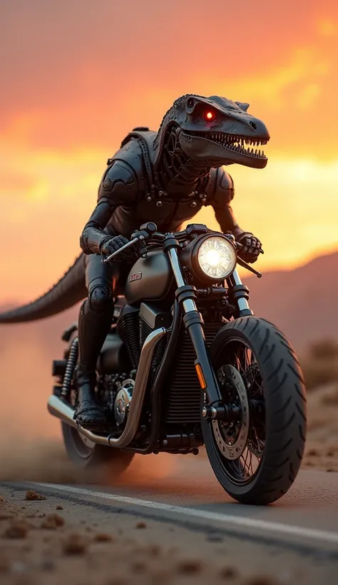  An ultra-realistic hybrid creature that combines the characteristics of a velociraptor and a motorcycle high cylinder capacity,  creating a terrifying and unique being .  The creature is shaped Velociraptors agile and predatory ,  but mechanical details e...